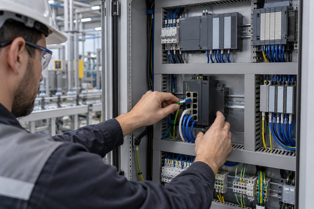 Szafa sterownicza z przemysłowymi sterownikami PLC i przełącznikami Ethernet w zakładzie produkcyjnym