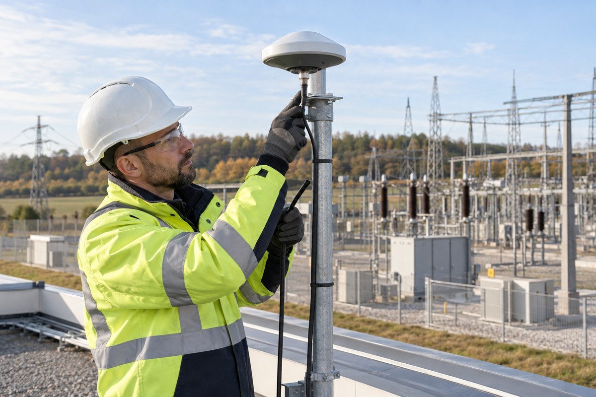 Technik w kamizelce odblaskowej sprawdza antenę GNSS przy infrastrukturze stacji elektroenergetycznej